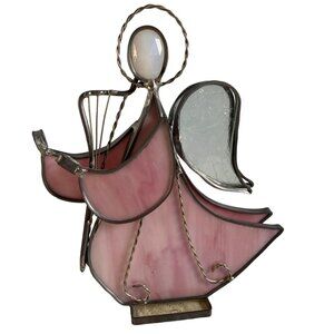 Stained Glass Angel Figurine Pink Harp Glass Wings Handcrafted Unique Decor 7.5”